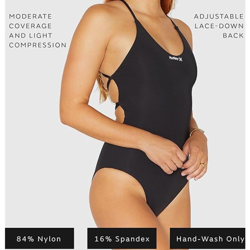 Hurley Black Solid One-Piece Swimsuit lace up open back white logo Medium NWT - Picture 4 of 8